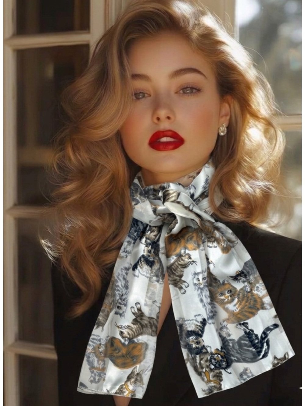 Vintage Cat Scarf Silk Luxury Coquette Tailored Cottagecore Neutral Multicolor